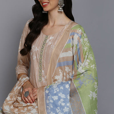 Nude Cotton Floral Straight Suit Set VKSKD1882