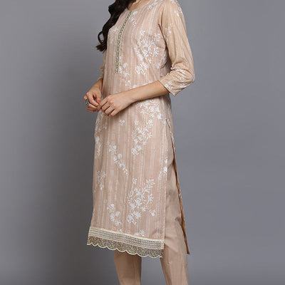 Nude Cotton Floral Straight Suit Set VKSKD1882