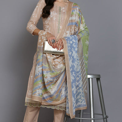 Nude Cotton Floral Straight Suit Set VKSKD1882