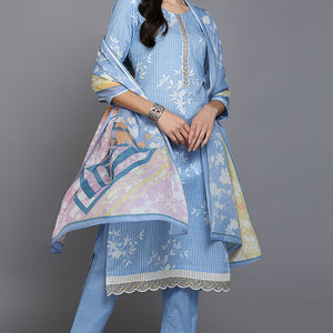 Blue Cotton Blend Ethnic Motifs Straight Suit Set VKSKD1883