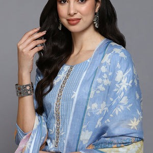 Blue Cotton Blend Ethnic Motifs Straight Suit Set VKSKD1883