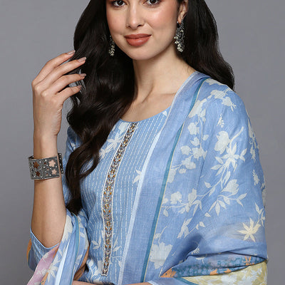 Blue Cotton Blend Ethnic Motifs Straight Suit Set VKSKD1883