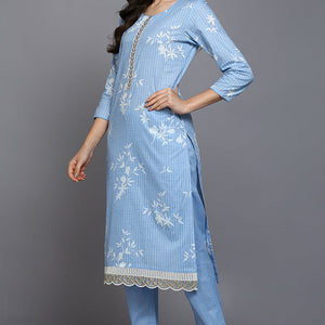 Blue Cotton Blend Ethnic Motifs Straight Suit Set VKSKD1883