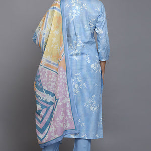 Blue Cotton Blend Ethnic Motifs Straight Suit Set VKSKD1883