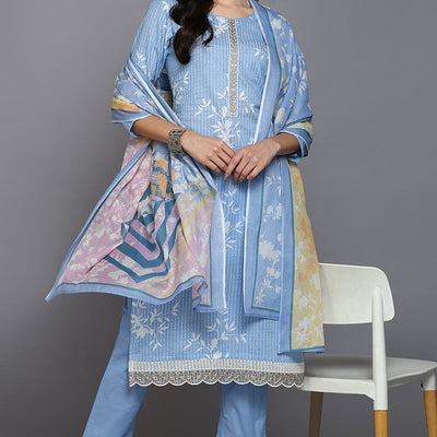 Blue Cotton Blend Ethnic Motifs Straight Suit Set VKSKD1883