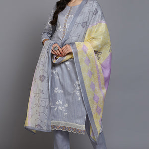 Grey Cotton Blend Floral Straight Suit Set VKSKD1884
