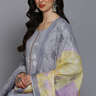 Grey Cotton Blend Floral Straight Suit Set VKSKD1884