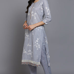 Grey Cotton Blend Floral Straight Suit Set VKSKD1884