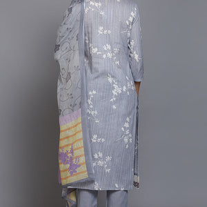 Grey Cotton Blend Floral Straight Suit Set VKSKD1884