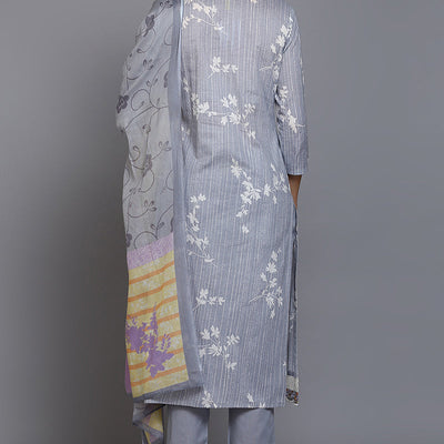 Grey Cotton Blend Floral Straight Suit Set VKSKD1884