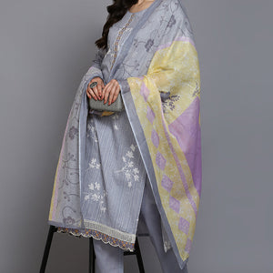 Grey Cotton Blend Floral Straight Suit Set VKSKD1884