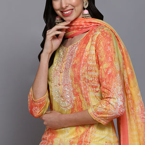 Cotton Yellow Printed Straight Kurta Pant With Dupatta VKSKD1916