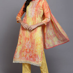 Cotton Yellow Printed Straight Kurta Pant With Dupatta VKSKD1916