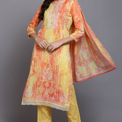 Cotton Yellow Printed Straight Kurta Pant With Dupatta VKSKD1916