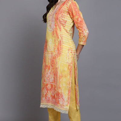 Cotton Yellow Printed Straight Kurta Pant With Dupatta VKSKD1916