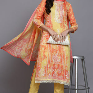 Cotton Yellow Printed Straight Kurta Pant With Dupatta VKSKD1916