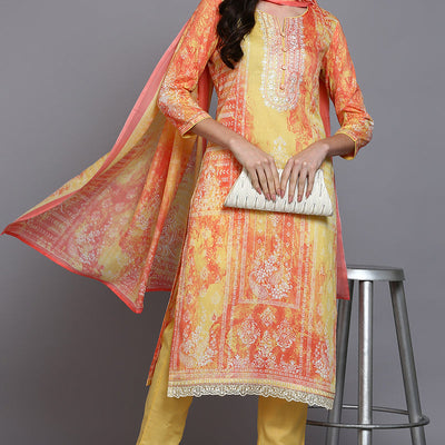 Cotton Yellow Printed Straight Kurta Pant With Dupatta VKSKD1916