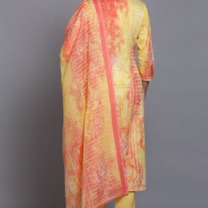 Cotton Yellow Printed Straight Kurta Pant With Dupatta VKSKD1916