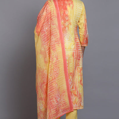 Cotton Yellow Printed Straight Kurta Pant With Dupatta VKSKD1916