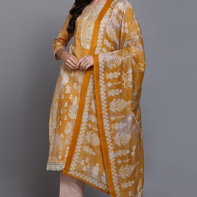 Cotton Taupe Printed Straight Kurta Pant With Dupatta VKSKD1920