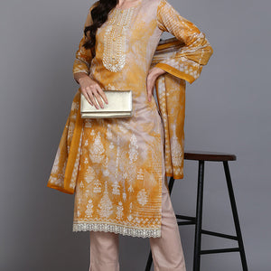 Cotton Taupe Printed Straight Kurta Pant With Dupatta VKSKD1920