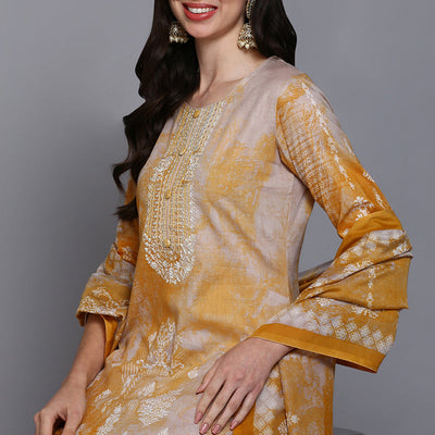 Cotton Taupe Printed Straight Kurta Pant With Dupatta VKSKD1920