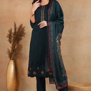 Silk Blend Green Embroidered Straight Kurta Pant With Dupatta VKSKD1933