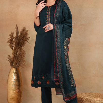 Silk Blend Green Embroidered Straight Kurta Pant With Dupatta VKSKD1933