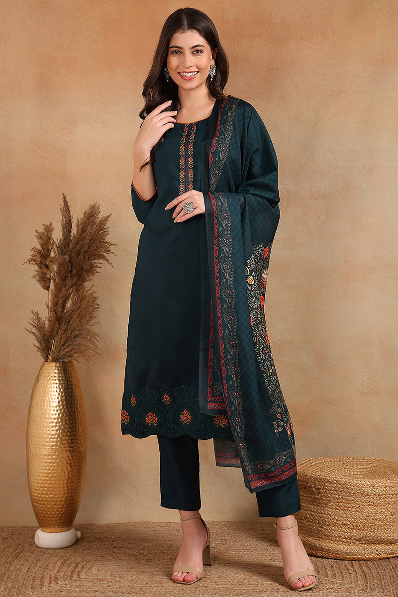 Silk Blend Green Embroidered Straight Kurta Pant With Dupatta VKSKD1933