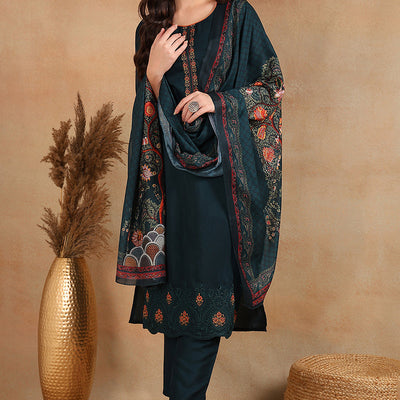 Silk Blend Green Embroidered Straight Kurta Pant With Dupatta VKSKD1933