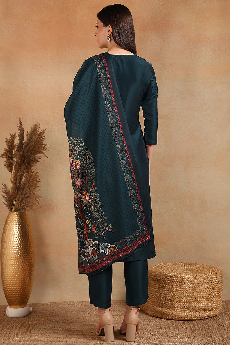 Silk Blend Green Embroidered Straight Kurta Pant With Dupatta VKSKD1933