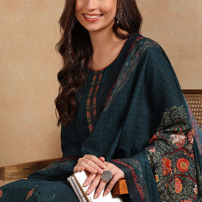 Silk Blend Green Embroidered Straight Kurta Pant With Dupatta VKSKD1933