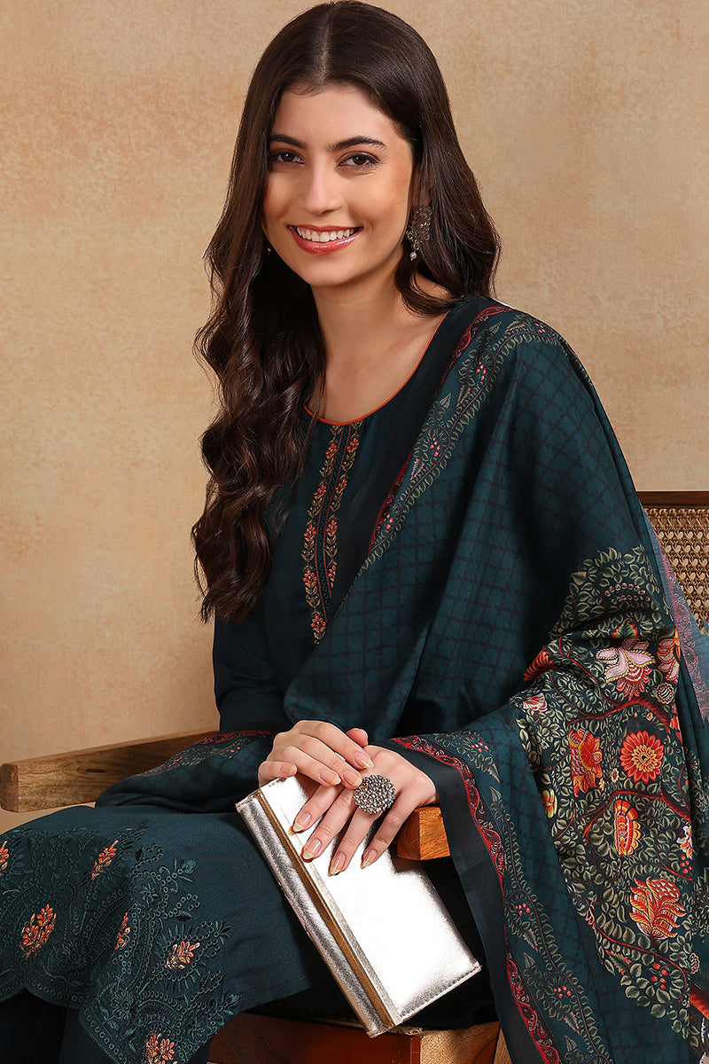 Silk Blend Green Embroidered Straight Kurta Pant With Dupatta VKSKD1933