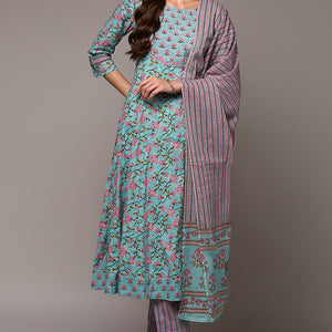 Blue Pure Cotton Printed Flared Suit Set VKSKD1968