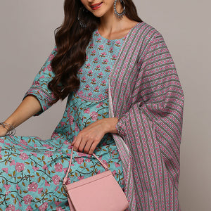 Blue Pure Cotton Printed Flared Suit Set VKSKD1968