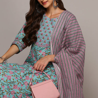 Blue Pure Cotton Printed Flared Suit Set VKSKD1968
