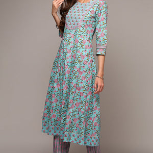 Blue Pure Cotton Printed Flared Suit Set VKSKD1968