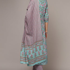 Blue Pure Cotton Printed Flared Suit Set VKSKD1968