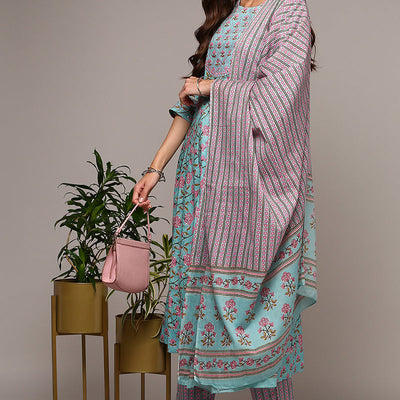 Blue Pure Cotton Printed Flared Suit Set VKSKD1968