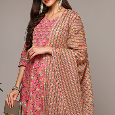 Pink Pure Cotton Printed Flared Suit Set VKSKD1973