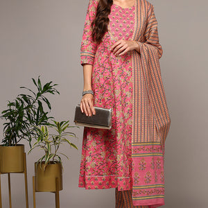 Pink Pure Cotton Printed Flared Suit Set VKSKD1973