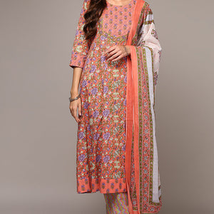 Peach Pure Cotton Printed Flared Suit Set VKSKD1974