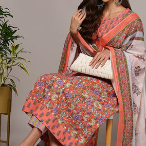 Peach Pure Cotton Printed Flared Suit Set VKSKD1974