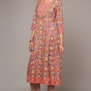 Peach Pure Cotton Printed Flared Suit Set VKSKD1974