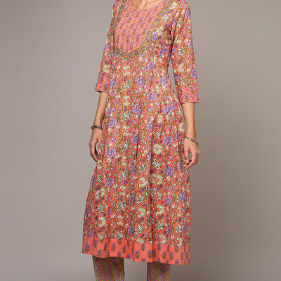 Peach Pure Cotton Printed Flared Suit Set VKSKD1974