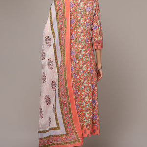 Peach Pure Cotton Printed Flared Suit Set VKSKD1974