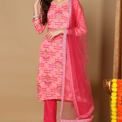 Pink Viscose Rayon Geometric Printed Straight Suit Set VKSKD1990