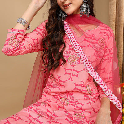 Pink Viscose Rayon Geometric Printed Straight Suit Set VKSKD1990