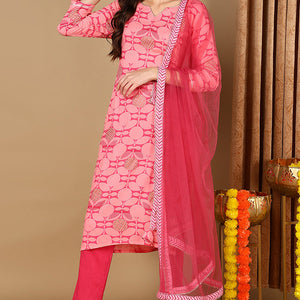 Pink Viscose Rayon Geometric Printed Straight Suit Set VKSKD1990