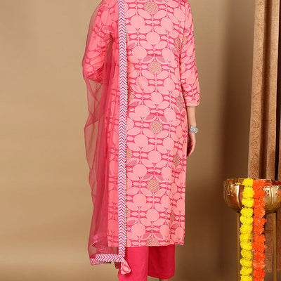 Pink Viscose Rayon Geometric Printed Straight Suit Set VKSKD1990